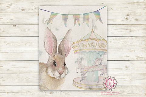 Ethereal Woodland Boho Bunny Nursery Wall Art Print Baby Girl Carousel Horses Rustic "Miss Potter" Printable Watercolor Mystery Fantasy Magical Circus Amusement Park Carnival Decor