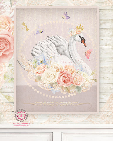 Ethereal Swan Baby Nursery Wall Art Print Boho Shabby Chic Bohemian Blush Room Kids Bedroom Printable Home Limited Edition Decor