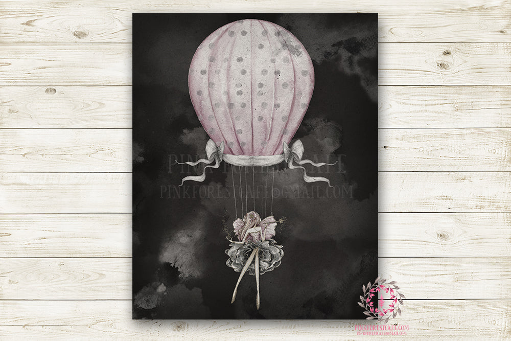 Hot Air Balloon Fairy Monochrome Nursery Wall Art Print Ethereal " Miss Rhiannon" Printable Watercolor Mystery Fantasy Magical Decor