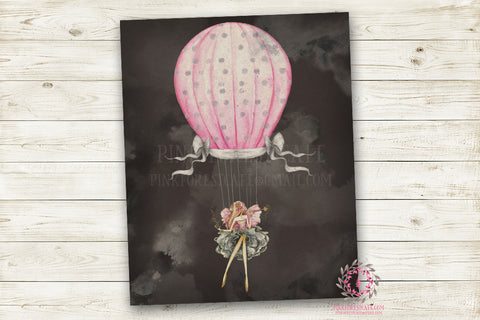 Hot Air Balloon Fairy Monochrome Nursery Wall Art Print Ethereal " Miss Rhiannon" Printable Watercolor Mystery Fantasy Magical Decor