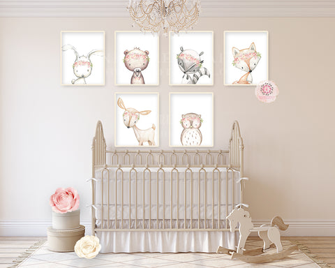 6 Deer Fox Bunny Rabbit Bear Boho Wall Art Print Woodland Bohemian Floral Nursery Owl Raccoon Blush Ivory Pink Baby Girl Room Set Lot Prints Printable Decor