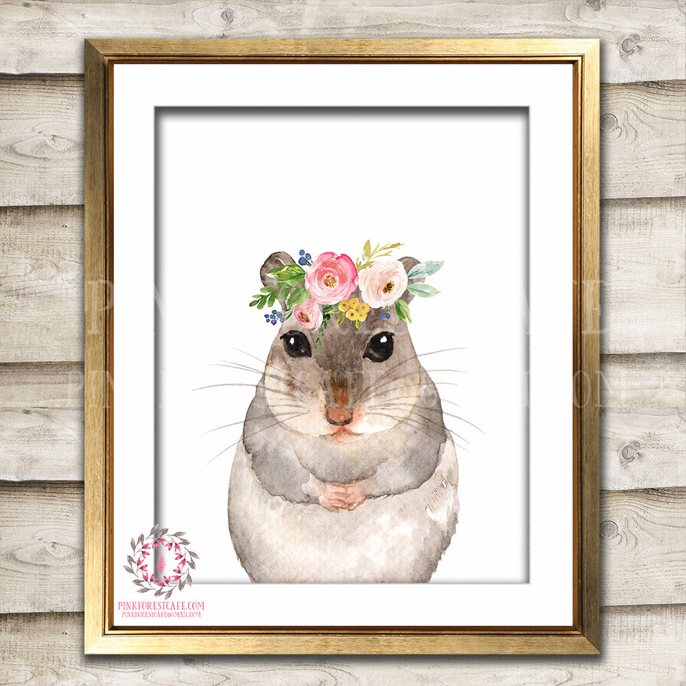 Boho Woodmouse Field Mouse Bohemian Blush Floral Wood Woodland Nursery Baby Girl Room Printable Print Wall Art Decor