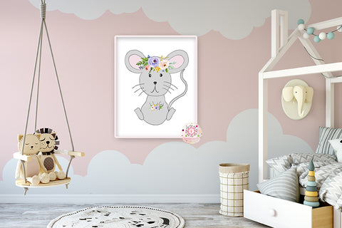 Exclusive Boho Woodland Wood Mouse Wall Art Print Watercolor Baby Girl Nursery Purple Floral Printable Decor