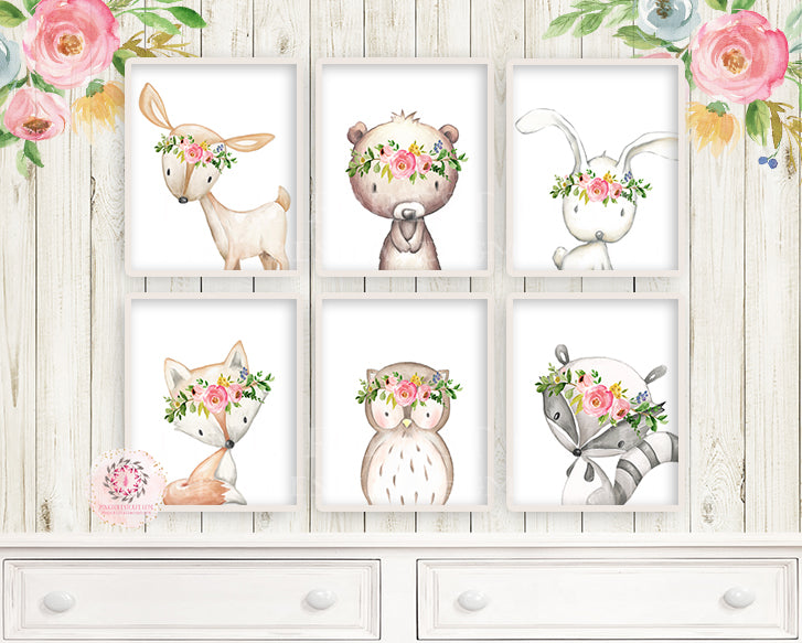 6 Deer Fox Bunny Rabbit Bear Woodland Boho Wall Art Print Nursery Set Bohemian Raccoon Owl Floral Nursery Baby Girl Room Prints Printable Home Decor