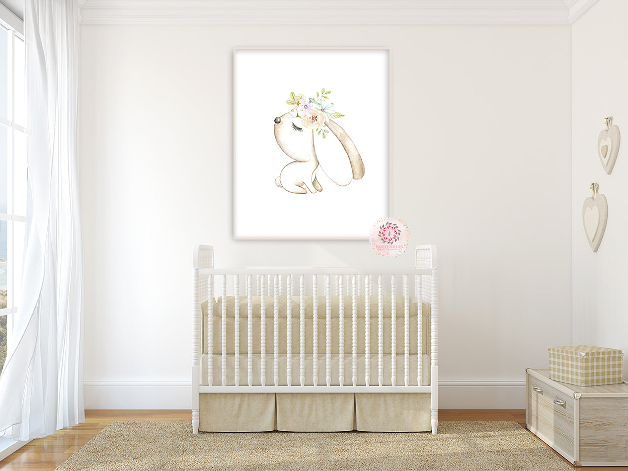 Boho Bunny Rabbit Woodland Wall Art Print Nursery Baby Girl Bohemian Floral Printable Room Decor