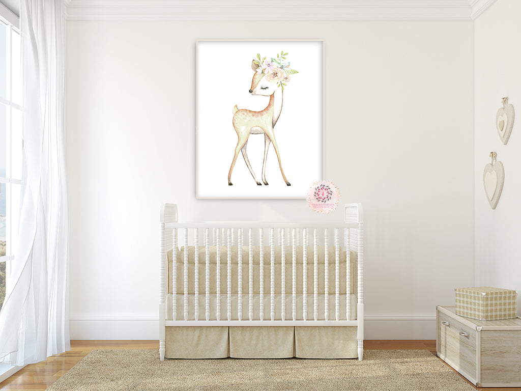 Boho Deer Woodland Wall Art Print Nursery Baby Girl Bohemian Floral Fa ...