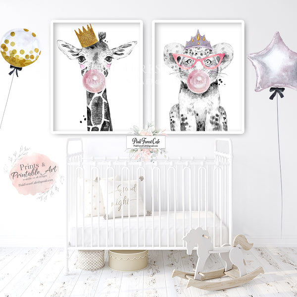 2 Black White Giraffe Cheetah Lion Bubble Boho Safari Jungle Zoo Set Prints Printable Decor