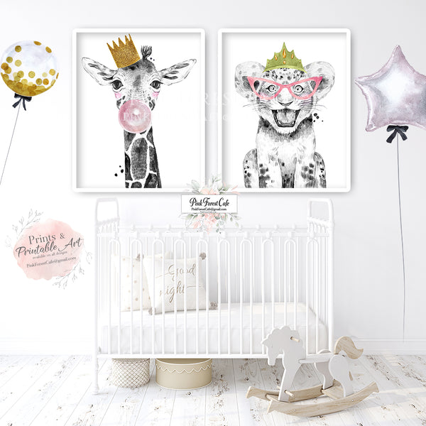 2 Black White Giraffe Cheetah Lion Bubble Boho Safari Jungle Zoo Set Prints Printable Decor