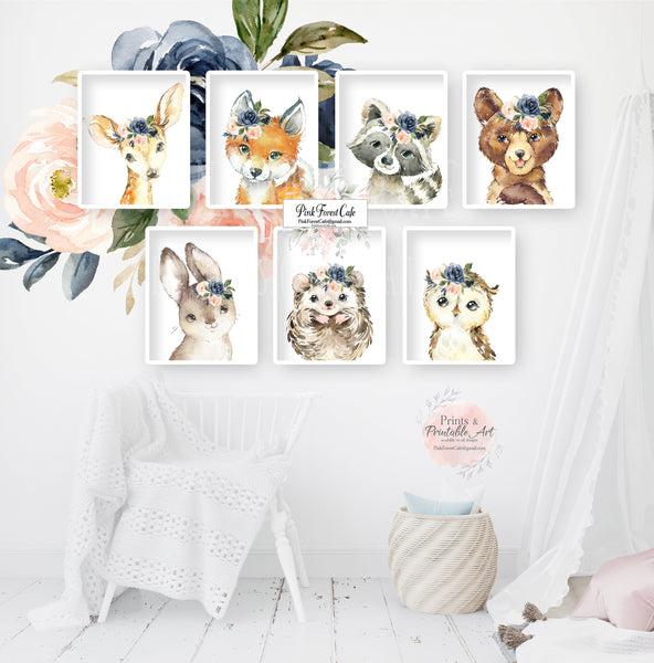 7 Bear Bunny Deer Fox Hedgehog Wall Art Print Woodland Boho Navy Blush Floral Nursery Baby Girl Room Prints Printable Decor