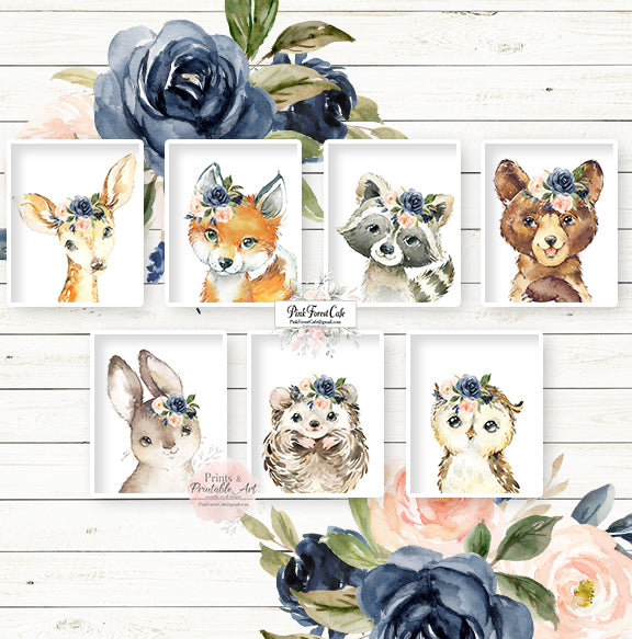 7 Bear Bunny Deer Fox Hedgehog Wall Art Print Woodland Boho Navy Blush Floral Nursery Baby Girl Room Prints Printable Decor