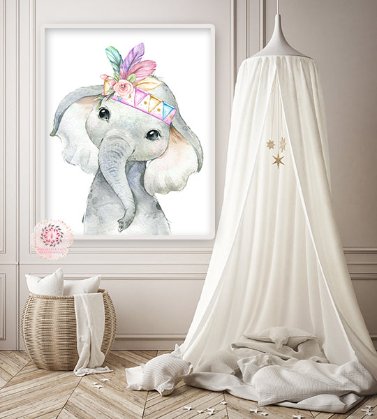Boho Elephant Wall Art Print Feather Nursery Baby Girl Room Rainbow Bohemian Watercolor Printable Decor