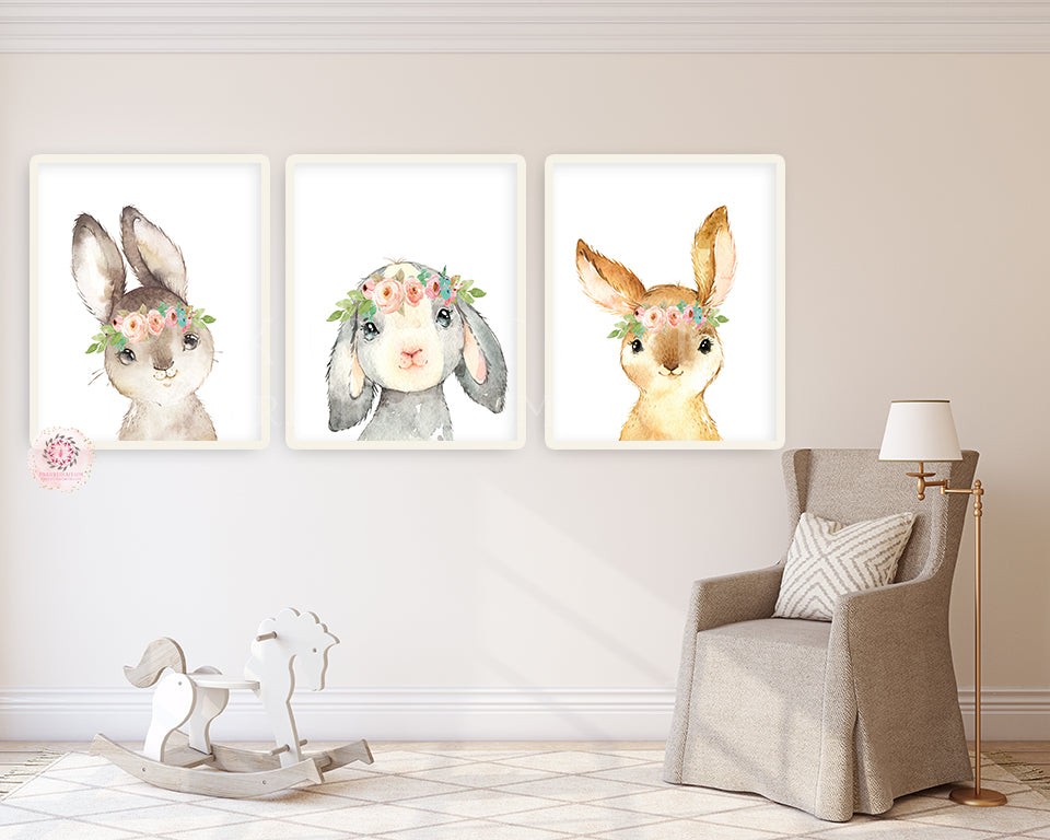 3 Boho Bunny Wall Art Print Woodland Nursery Baby Girl Room Blush Floral Bohemian Watercolor Set Prints Printable Decor