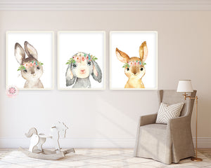 3 Boho Bunny Wall Art Print Woodland Nursery Baby Girl Room Blush Floral Bohemian Watercolor Set Prints Printable Decor