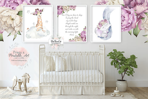 3 Blush Elephant Giraffe Purple Wall Art Print Peony Rose "Now I Lay Me" Nursery Baby Girl Room Watercolor Peonies Zoo Animal Safari Printable Decor