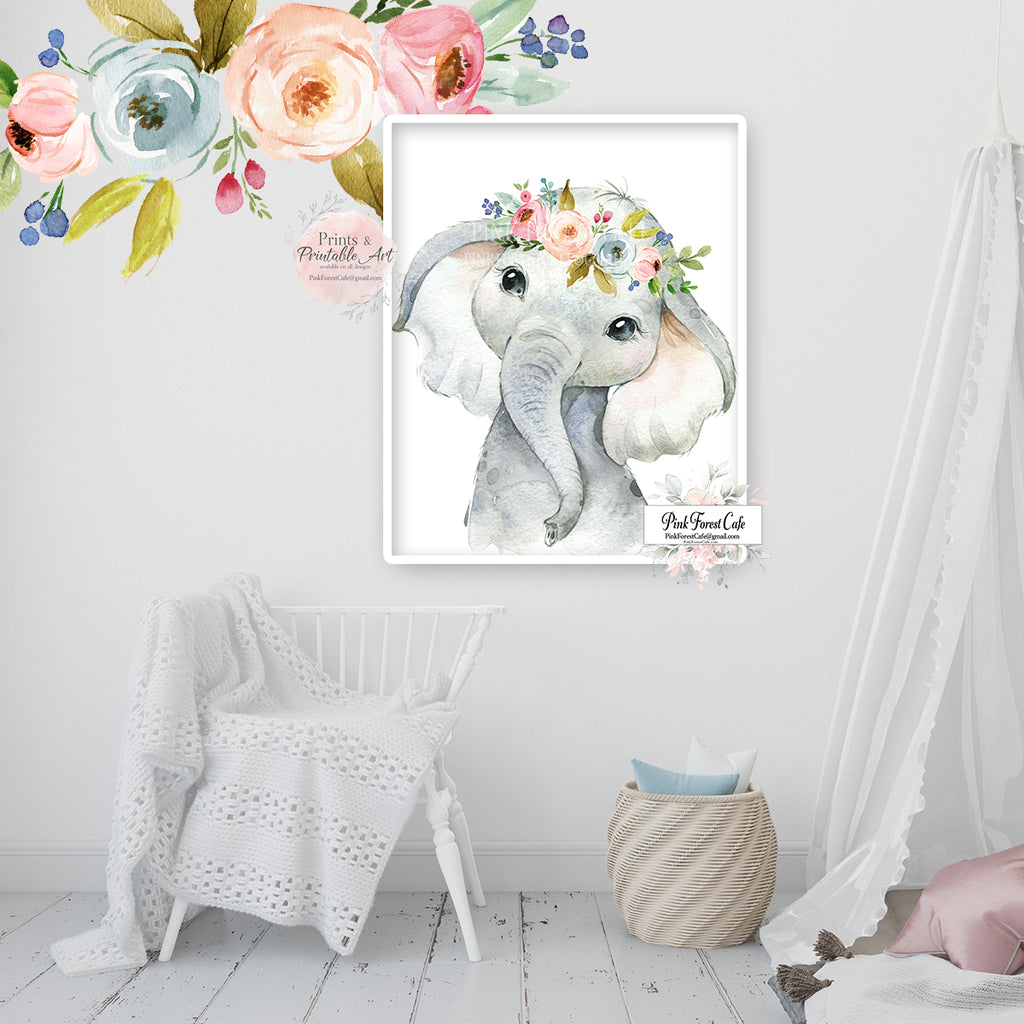 Boho Elephant Wall Art Print Nursery Baby Girl Room Floral Bohemian Wa ...