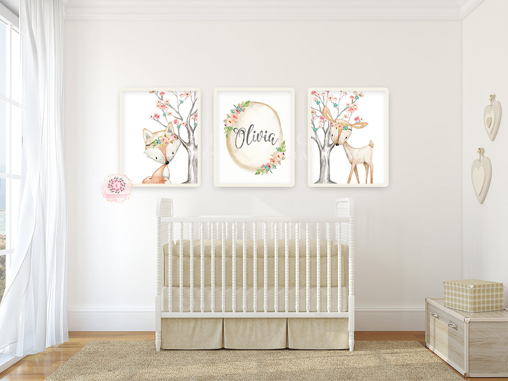 3 Boho Deer Fox Baby Name Wall Art Print Woodland Nursery Baby Girl Pink Blush Mint Aqua Room Set Lot Watercolor Personalized Birth Stats Prints Decor