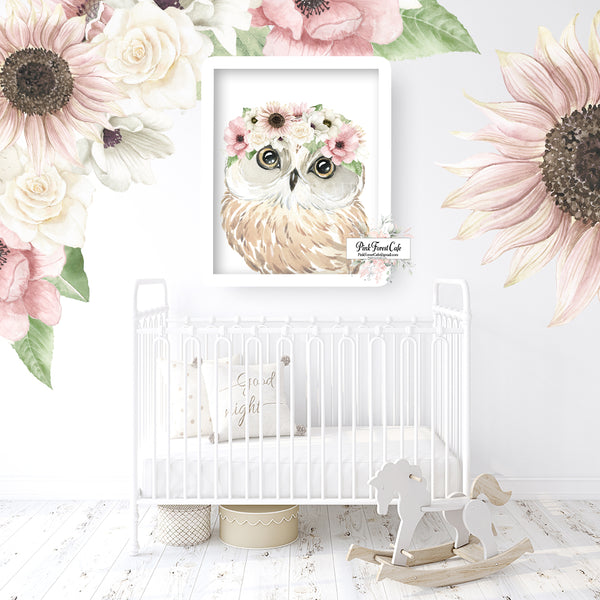 Boho Owl Wall Art Print Woodland Nursery Baby Girl Sunflower Anemone Blush Watercolor Printable Décor