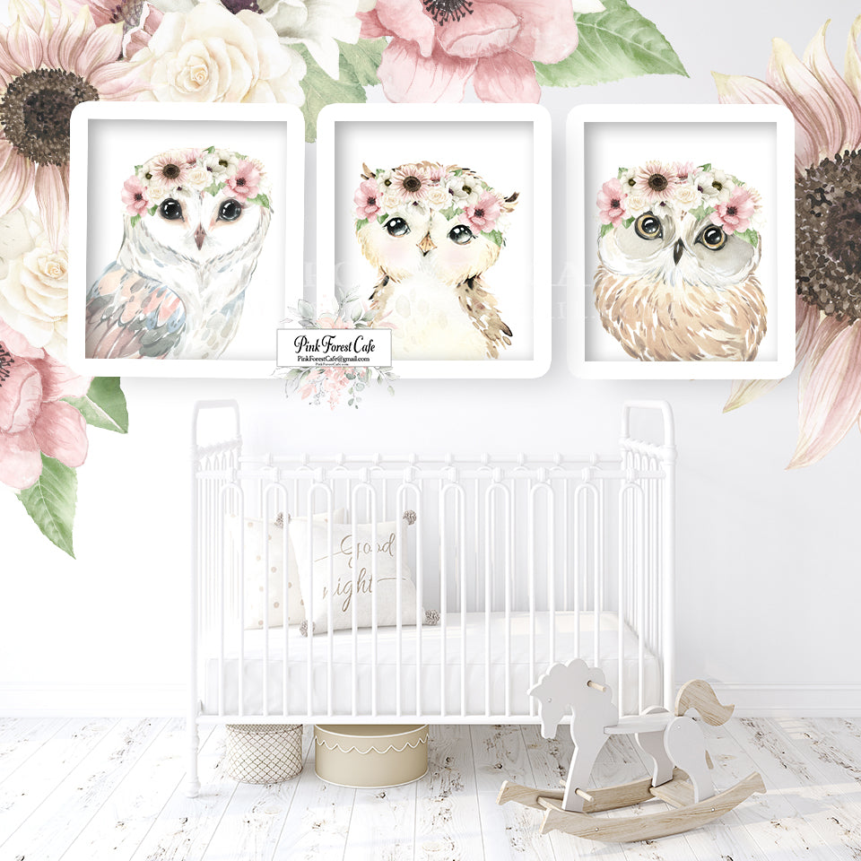 3 Boho Owl Wall Art Prints Woodland Nursery Baby Girl Sunflower Anemone Blush Watercolor Printable Décor