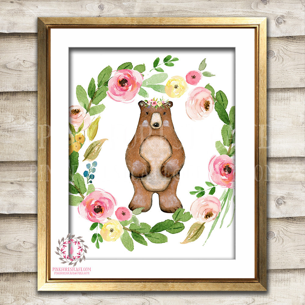 Bear Woodland Boho Printable Wall Art Print Bohemian Garden Floral Nursery Baby Girl Room Playroom Decor