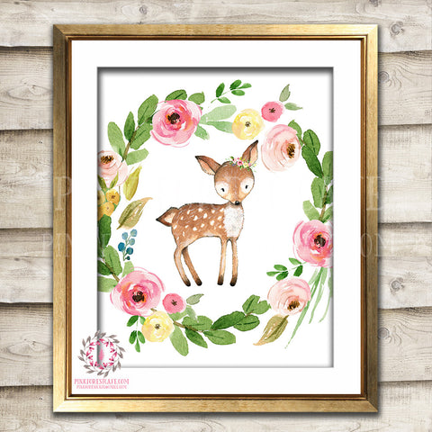 Deer Woodland Boho Printable Wall Art Print Bohemian Garden Floral Nursery Baby Girl Room Playroom Decor