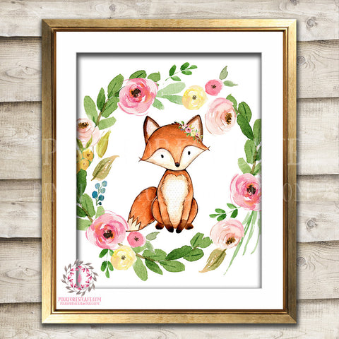 Fox Woodland Boho Printable Wall Art Print Bohemian Garden Floral Nursery Baby Girl Room Playroom Decor