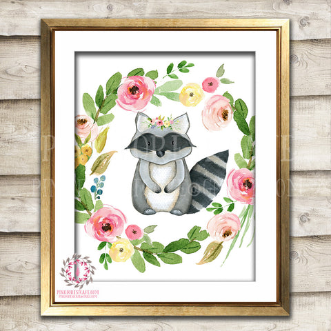 Raccoon Woodland Boho Printable Wall Art Print Bohemian Garden Floral Nursery Baby Girl Room Playroom Decor