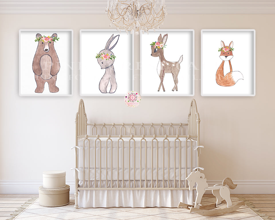 4 Exclusive Woodland Animals Wall Art Print Deer Bunny Fox Bear Watercolor Baby Girl Nursery Printable Decor