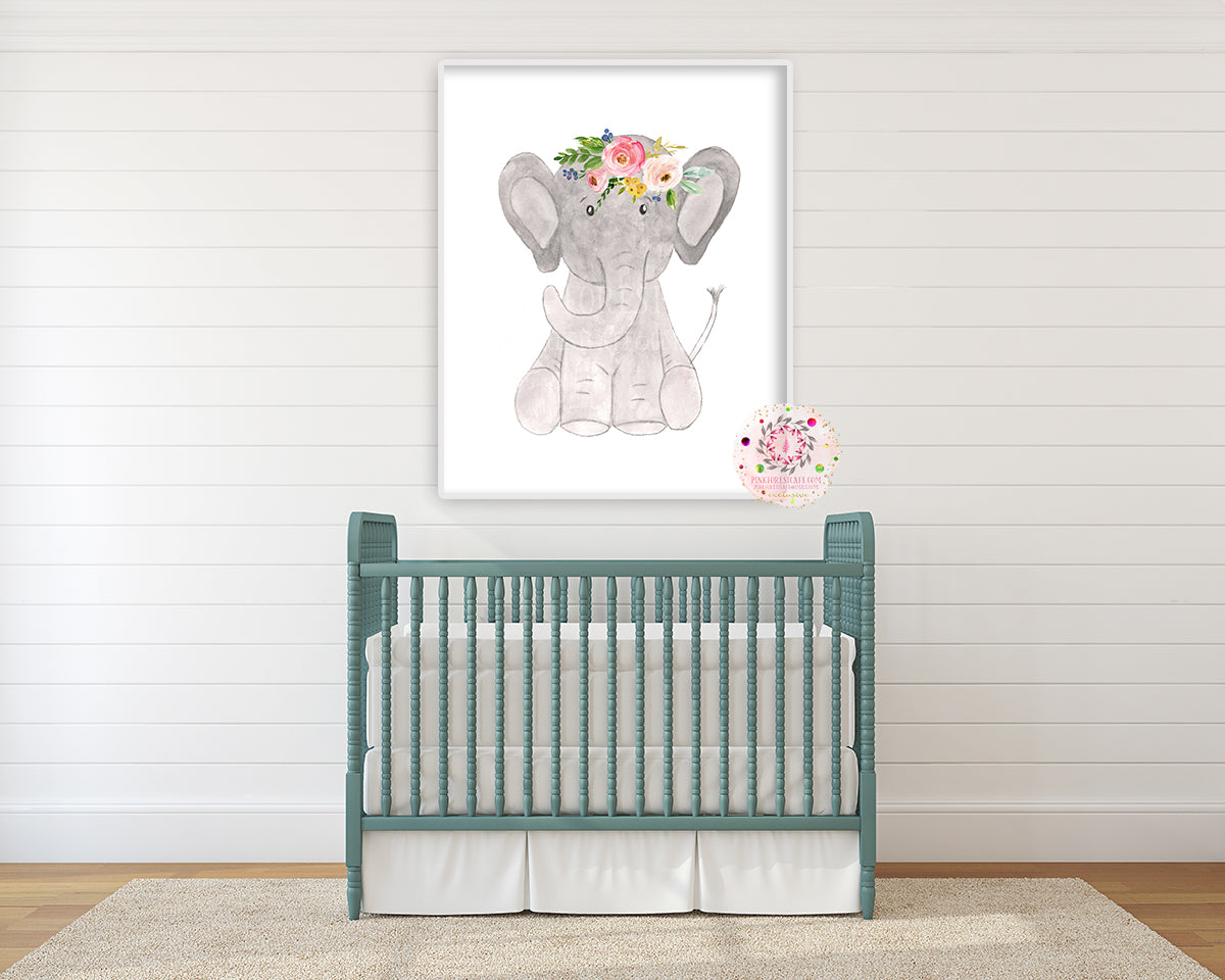 Boho Elephant Wall Art Print Baby Girl Nursery Whimsical Zoo Safari Animal Watercolor Printable Decor