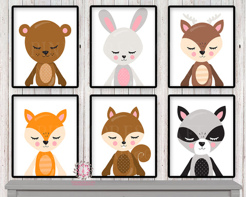 SALE 6 Deer Fox Bunny Wall Art Woodland Scandinavian Rabbit Bear Raccoon Boho Nursery Baby Room Set Lot Prints Printable Print Decor