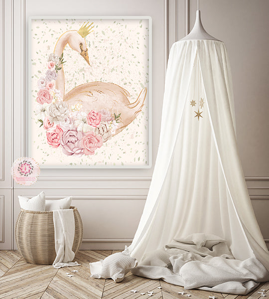 Boho Swan Peonies Wall Art Print Ethereal Pink Gold Crown Whimsical Baby Girl Nursery Peony Bohemian Floral Printable Decor