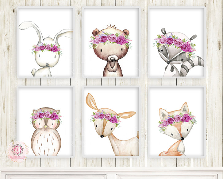 6 Deer Fox Owl Raccoon Bear Bunny Boho Wall Art Print Purple Woodland Bohemian Floral Nursery Baby Girl Room Set Lot Prints Printable Decor