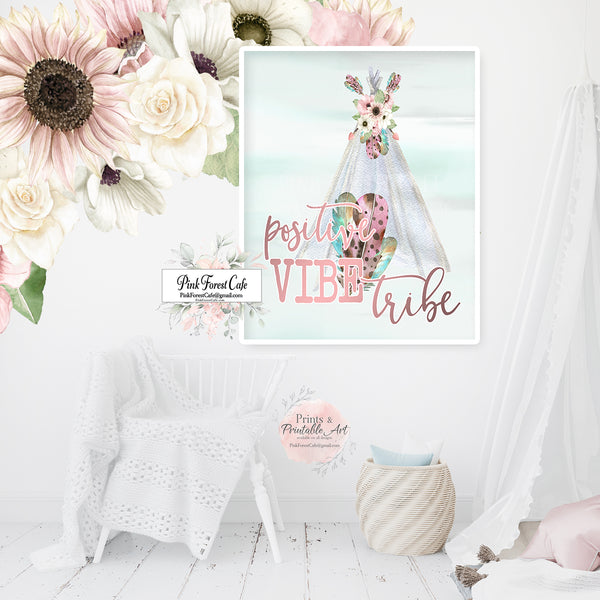 Positive Vibe Tribe Teepee Sunflower Arrow Wall Art Print Watercolor Girl Room Printable Décor