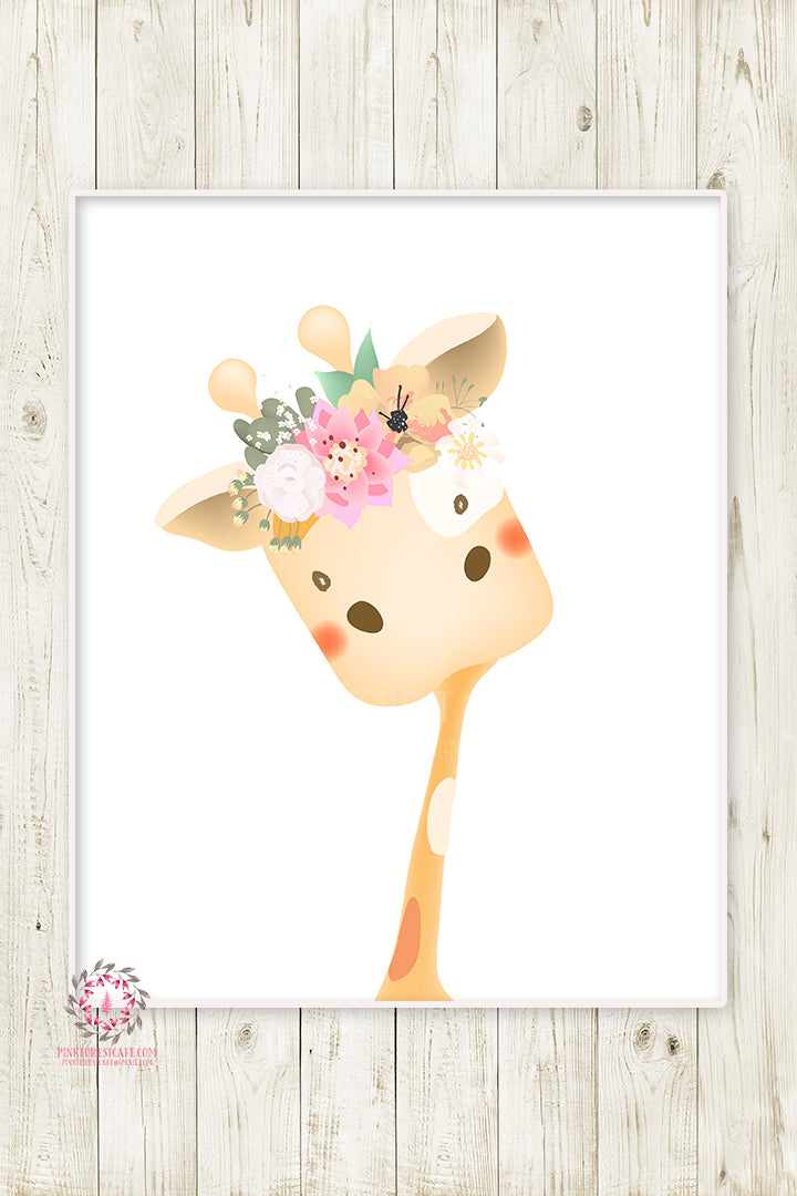 Boho Giraffe Baby Girl Nursery Wall Art Print Ethereal Whimsical Bohemian Floral Zoo Safari Animal Printable Decor