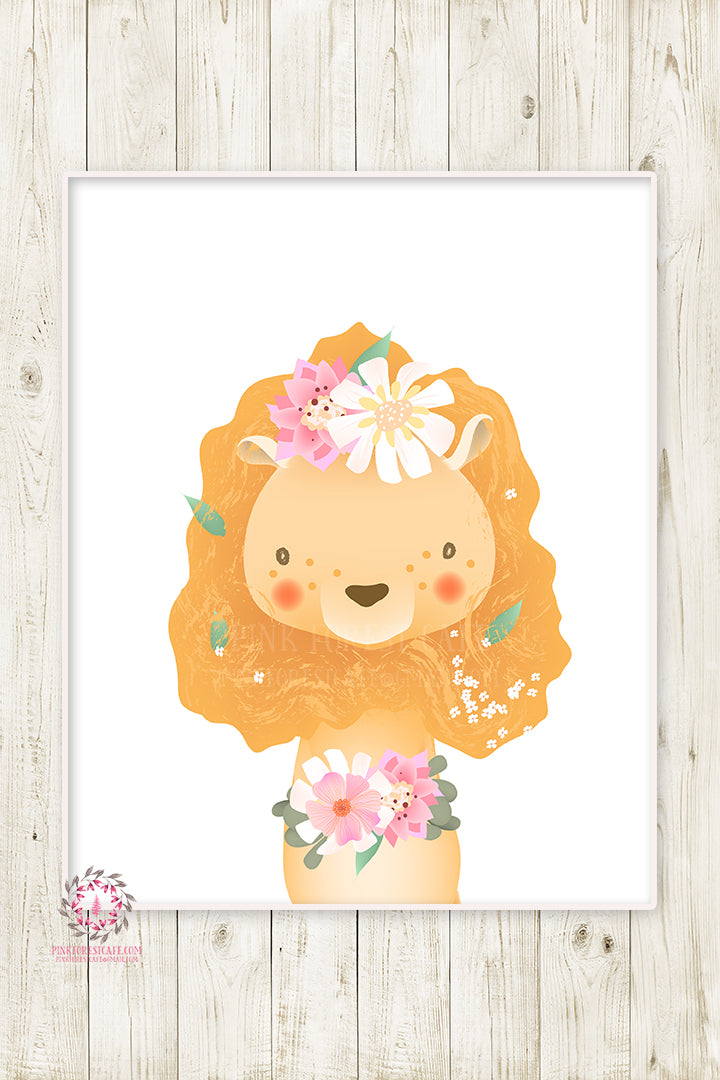 Boho Lion Baby Girl Nursery Wall Art Print Ethereal Whimsical Bohemian Floral Zoo Safari Animal Printable Decor