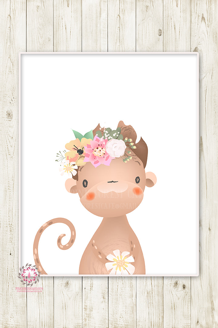 Boho Monkey Baby Girl Nursery Wall Art Print Ethereal Whimsical Bohemian Floral Zoo Safari Animal Printable Decor