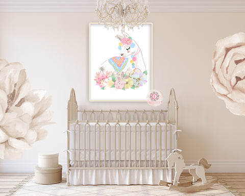 Ethereal Llama Baby Girl Nursery Wall Art Print Boho Alpaca Floral Kids Bedroom Room Printable Decor