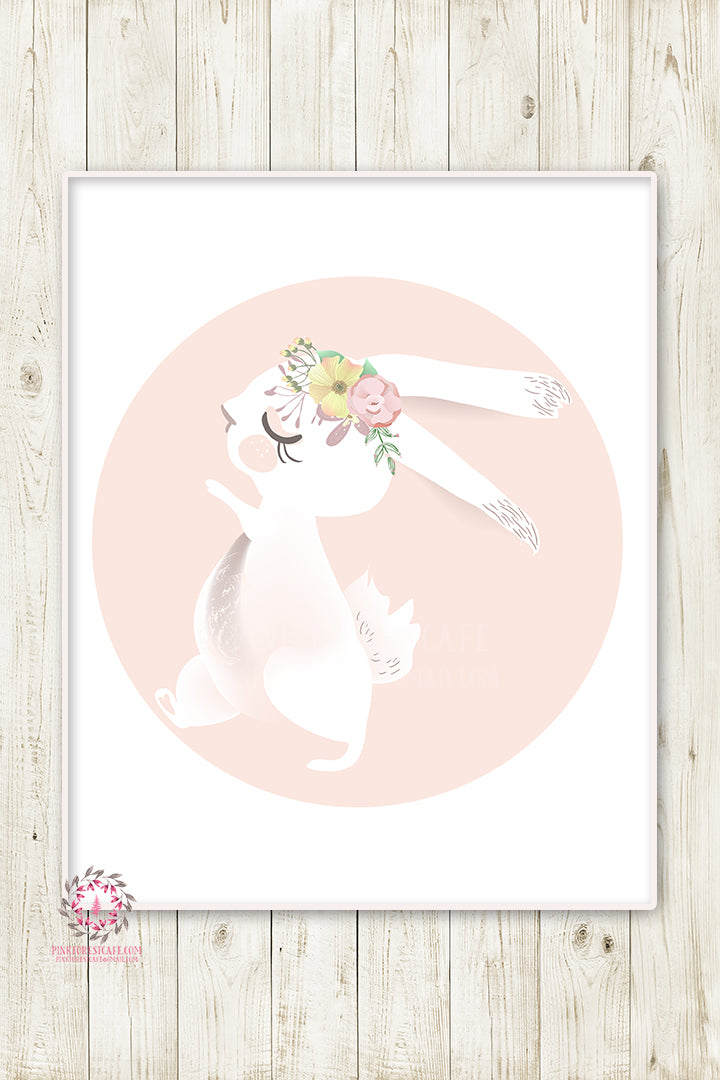 Boho Bunny Baby Girl Nursery Wall Art Print Ethereal Whimsical Bohemian Floral Woodland Animal Printable Decor