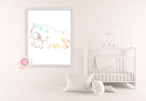 Parade Marching Band Wall Art Print Baby Nursery Watercolor Elephant Bunny Room Set Lot Prints Printable Decor