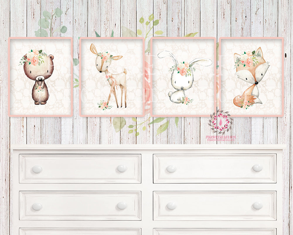 4 Deer Fox Bunny Rabbit Bear Nursery Printable Print Wall Art Woodland Boho Bohemian Peaches Cream Blush Floral Baby Girl Room Set Lot Prints Home Decor