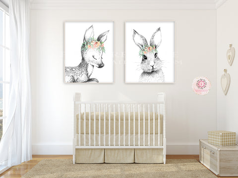 2 Bunny Rabbit Deer Wall Art Print Boho Woodland Blush Bohemian Floral Nursery Baby Girl Room Set Lot Prints Printable Decor