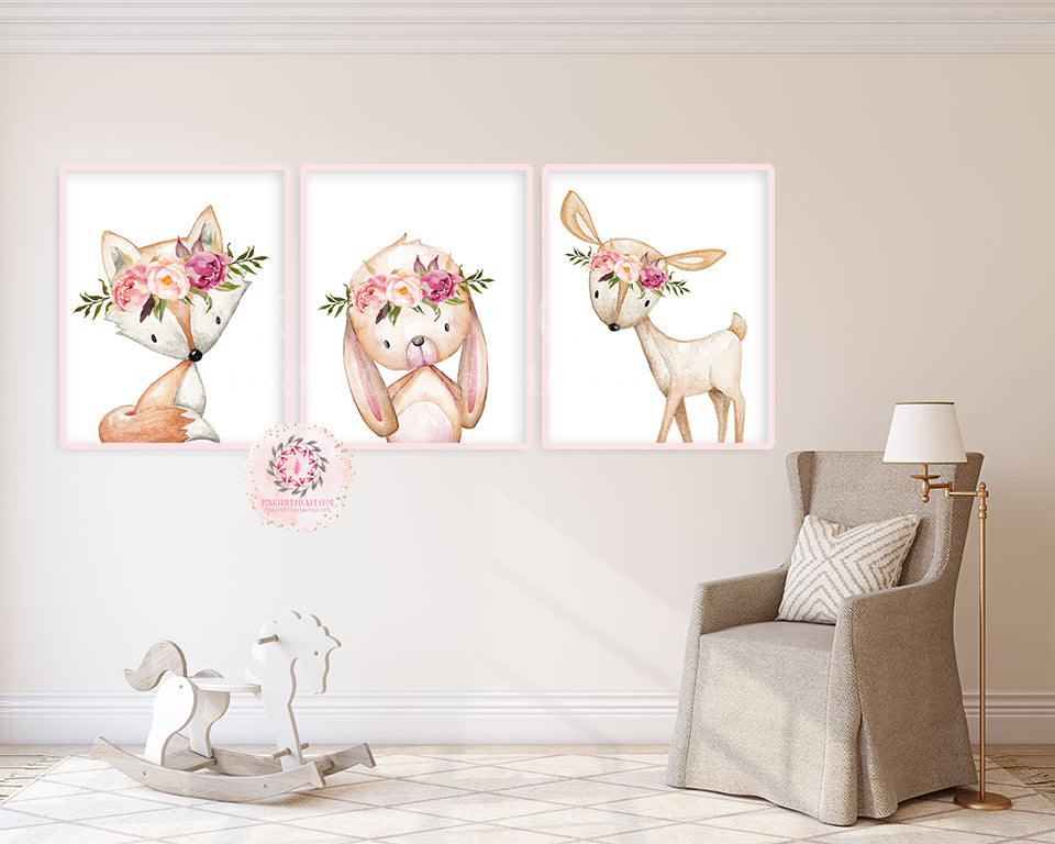 Peonies Bunny Rabbit Deer Fox Nursery Woodland Boho Wall Art Prints Bohemian Peony Floral Girls Baby Kids Room Bedroom Decor Print Set Of 3