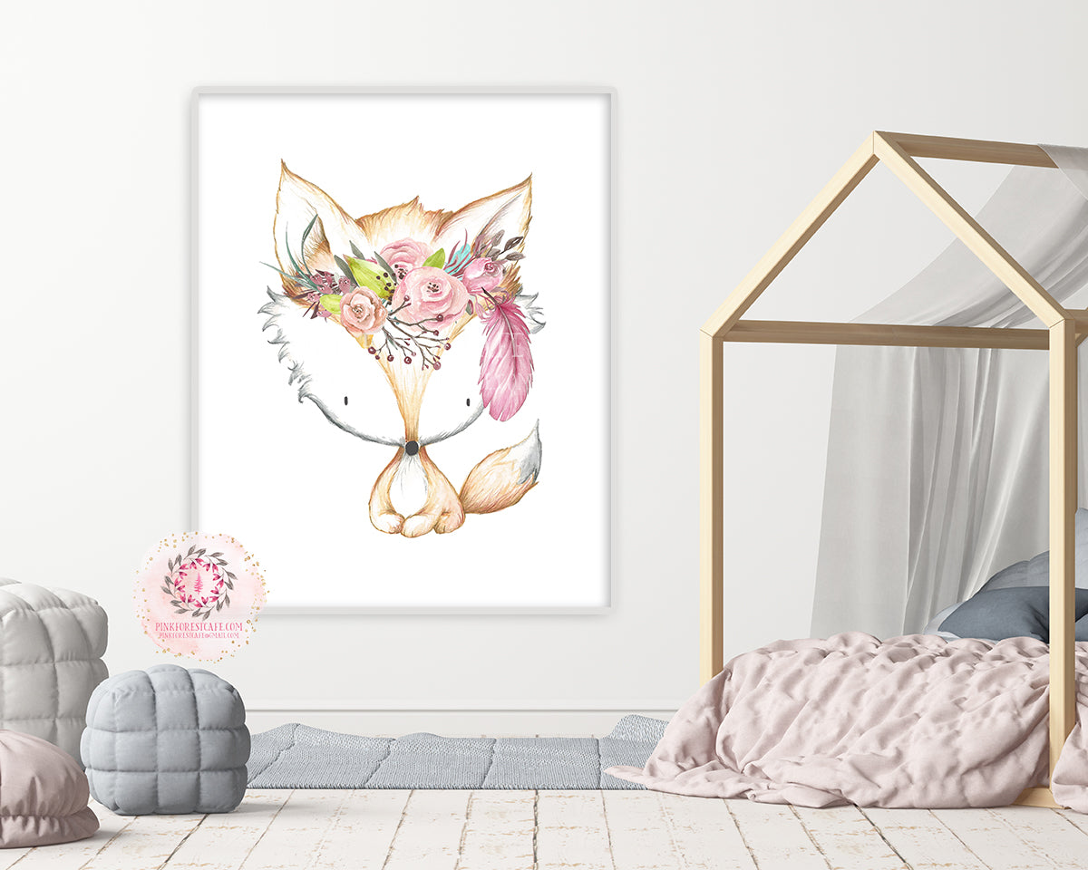 Tribal Feather Fox Boho Wall Art Print Woodland Pink Feather Bohemian Nursery Baby Girl Bedroom Set Lot Prints Printable Watercolor Decor