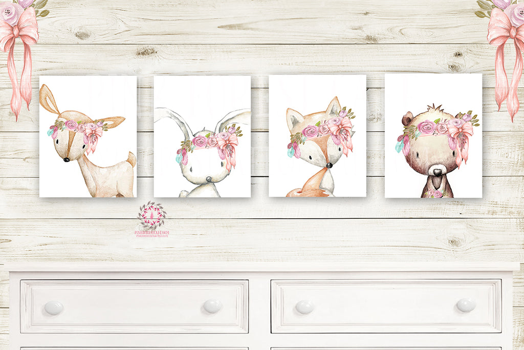 4 Deer Fox Bunny Rabbit Bear Pink Feather Wall Art Print Woodland Boho Balloon Bohemian Nursery Baby Girl Room Set Lot Prints Printable Decor