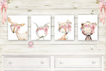 4 Deer Fox Bunny Rabbit Bear Pink Feather Wall Art Print Woodland Boho Balloon Bohemian Nursery Baby Girl Room Set Lot Prints Printable Decor