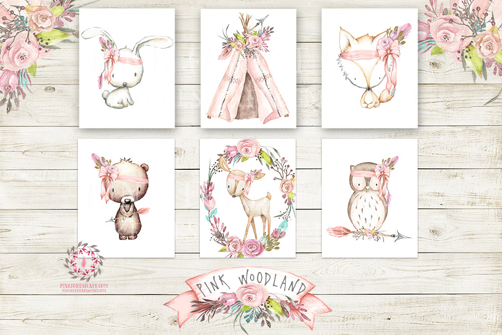 SALE Boho Pink Fox Bunny Rabbit Teepee Wall Art Print Woodland Deer Bohemian Floral Nursery Baby Girl Room Bear Owl Arrow Printable Set Of 6 Decor