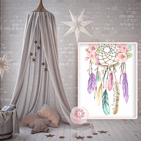 Boho Pink Purple Feather Dreamcatcher Bohemian Wall Art Print Girl Nursery Baby Room Printable Decor