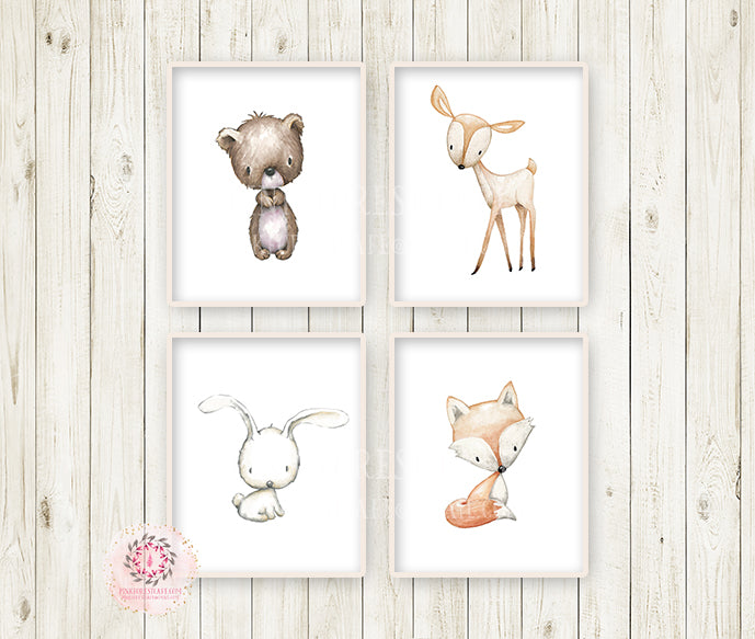 4 Deer Fox Bunny Rabbit Bear Wall Art Print Woodland Boho Nursery Baby Boy Girl Gender Neutral Room Set Lot Prints Printable Decor