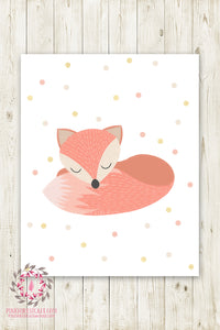 Polka Dot Fox Woodland Boho Wall Art Print Baby Girl Nursery Pink Gold Decor Printable