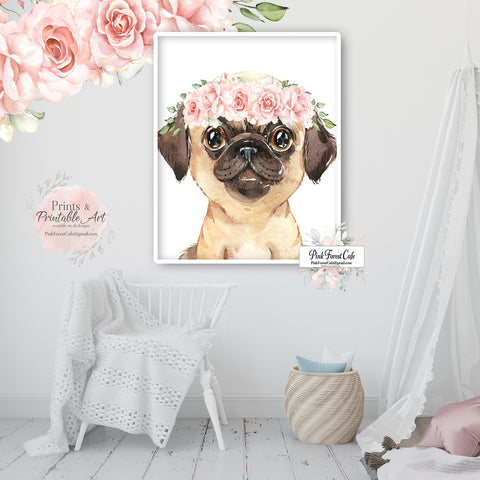 Pug Puggle Puppy Dog Nursery Wall Art Print Boho Floral Printable Watercolor Décor