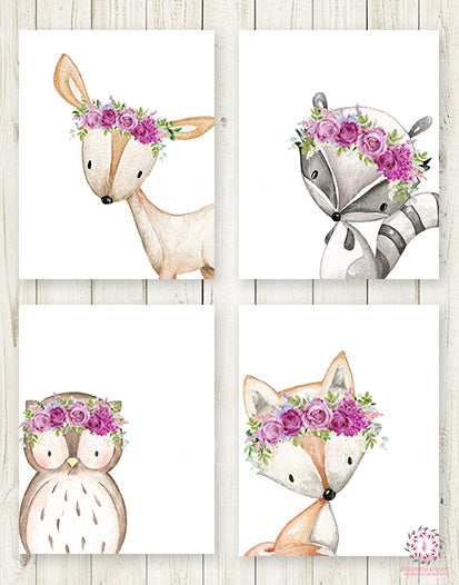 4 Deer Fox Owl Raccoon Boho Wall Art Print Purple Peony Woodland Bohemian Floral Nursery Baby Girl Room Set Lot Prints Printable Decor